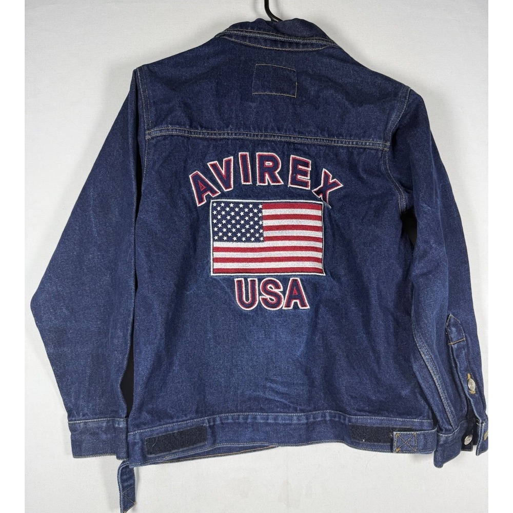 VTG Avirex Denim Jacket Women Medium 12-14 American Flag USA Back Patch Logo